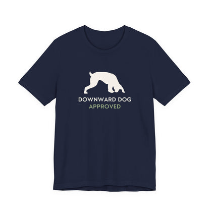 Downward Dog Approved yoga dog t-shirt worn by man side