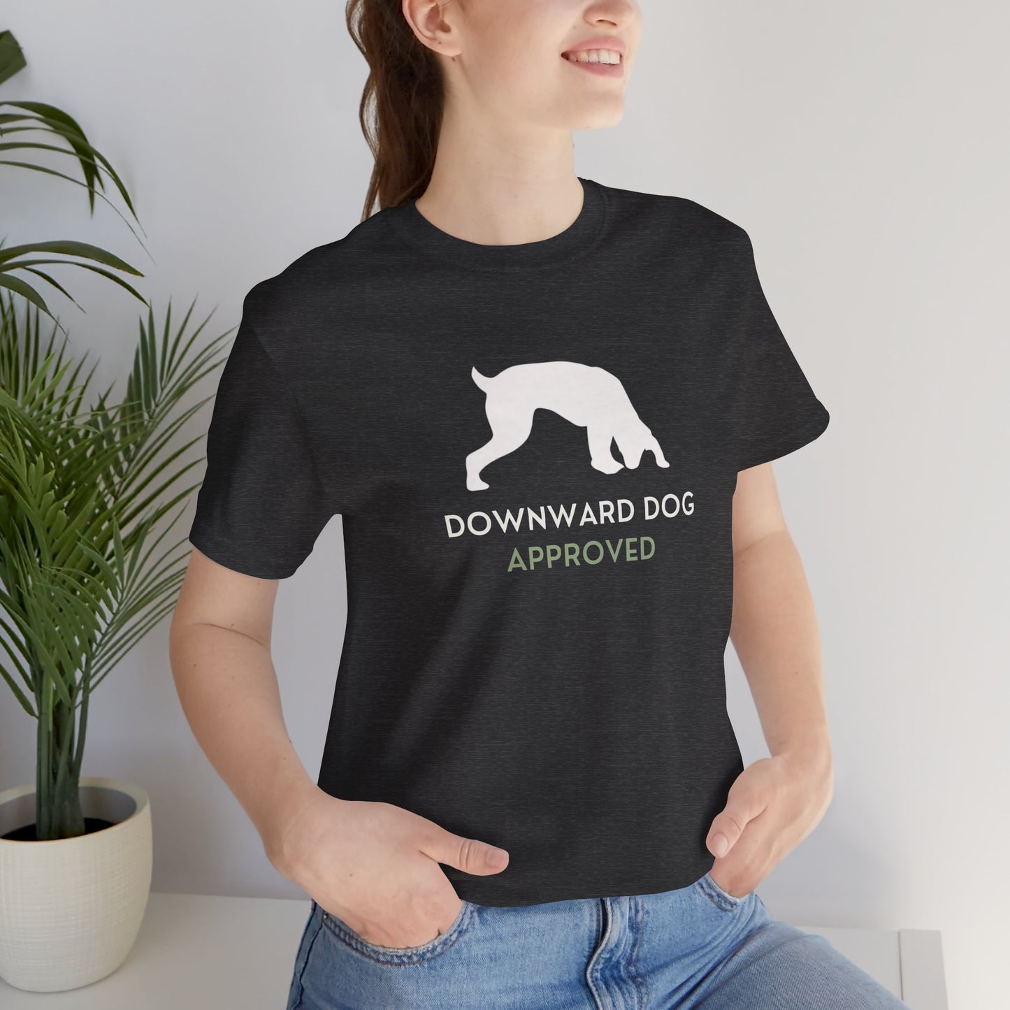 Downward Dog Approved yoga dog t-shirt worn by man