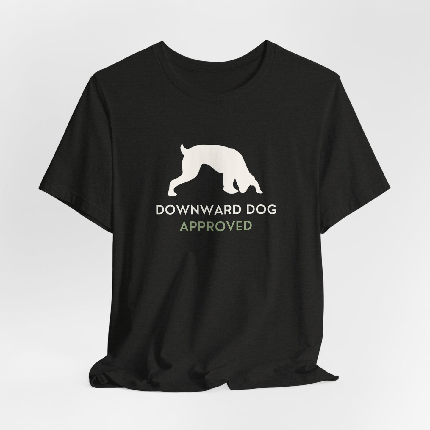 Downward Dog Approved yoga dog t-shirt model close-up