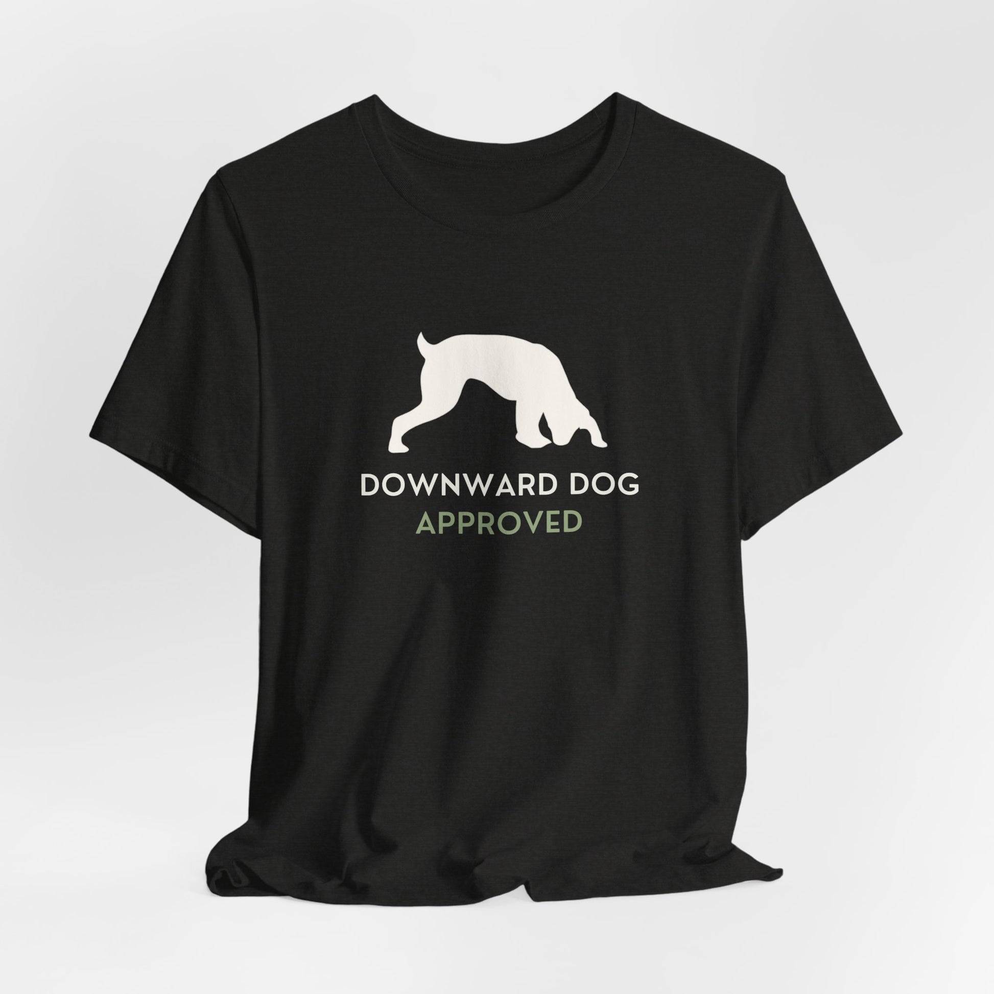 Downward Dog Approved yoga dog t-shirt model close-up