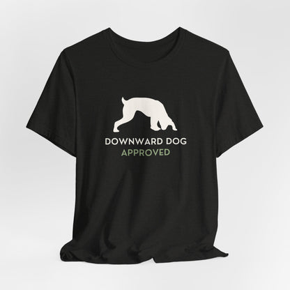 Downward Dog Approved yoga dog t-shirt model close-up