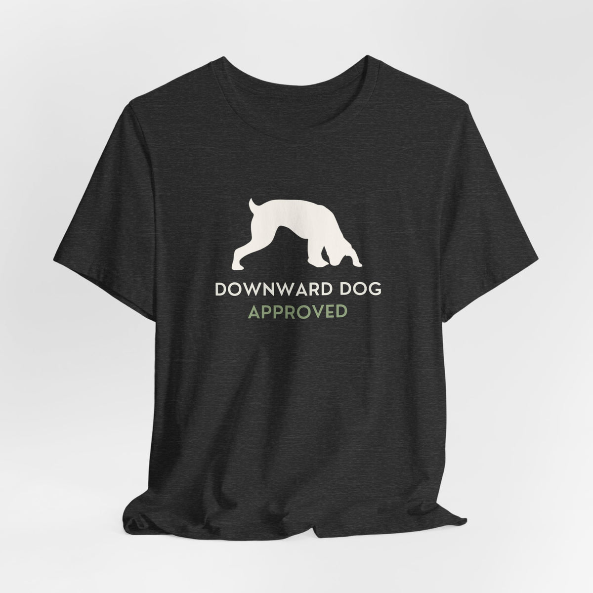 Downward Dog Approved yoga dog t-shirt front print close-up