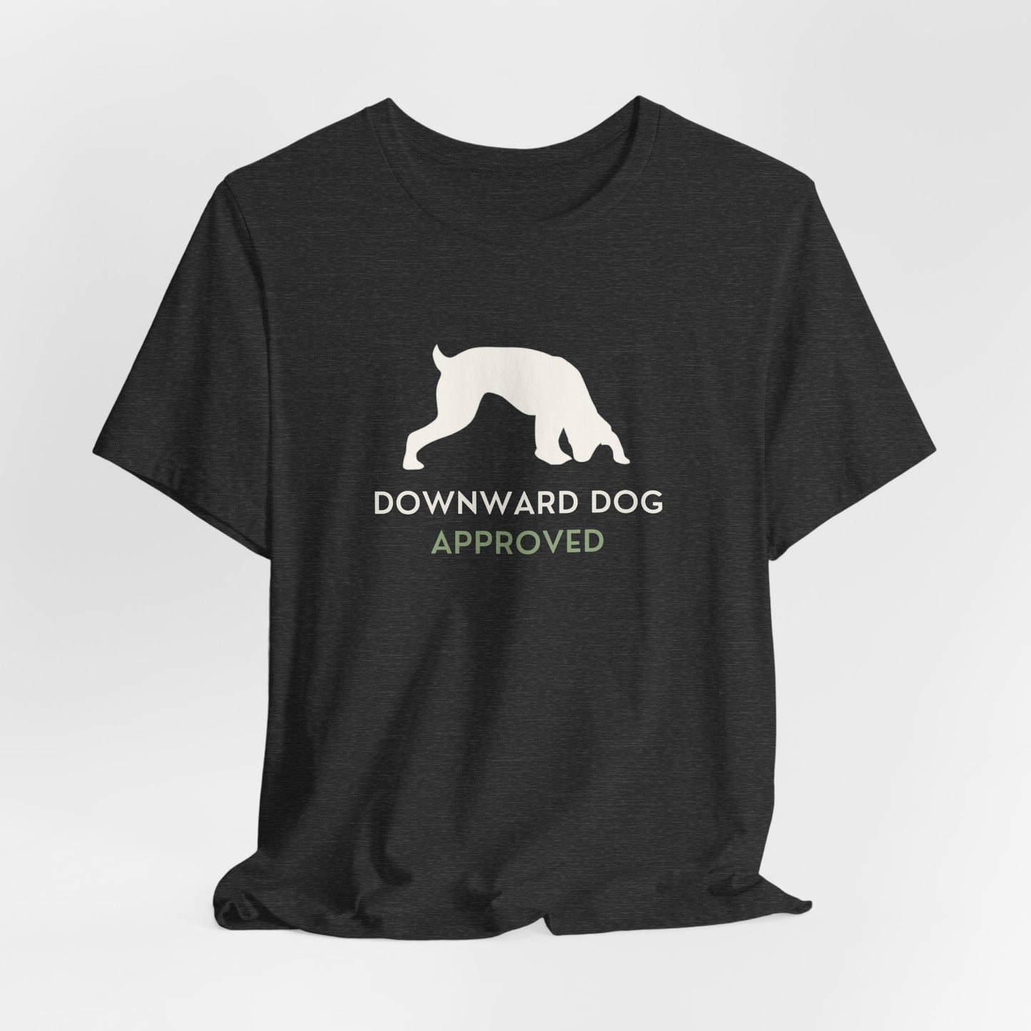 Downward Dog Approved yoga dog t-shirt front print close-up