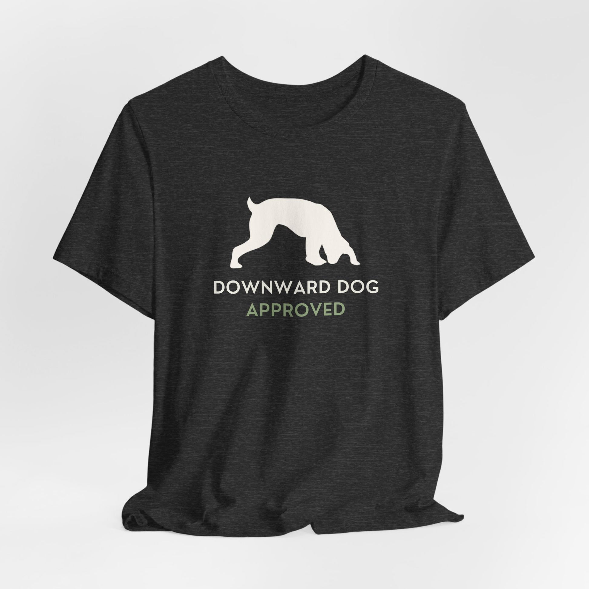 Downward Dog Approved yoga dog t-shirt front print close-up