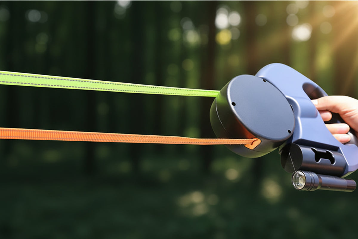 WalkMate DuoGlide dual dog lead LED torch lit up against green background