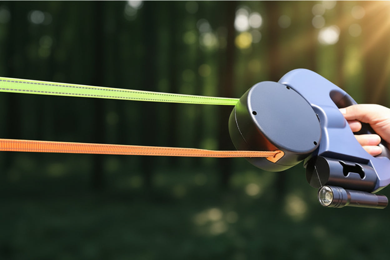 Dog leash with a black plastic handle held by a person against a grassy background