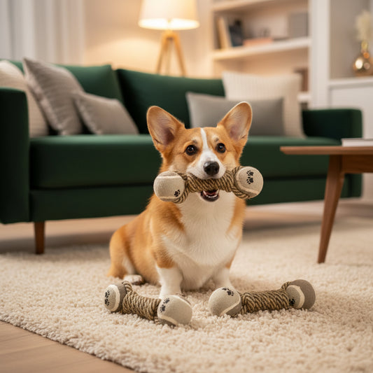 EcoTug Corgi in coat chewing cotton rope dumbbell dog toy dental action