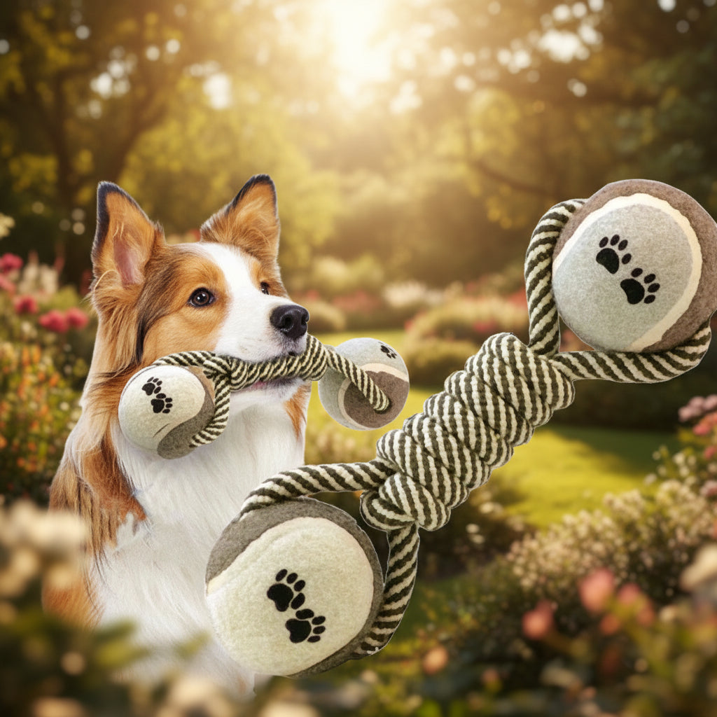 EcoTug rope dumbbell Corgi sitting with toy held by owner tug of war play