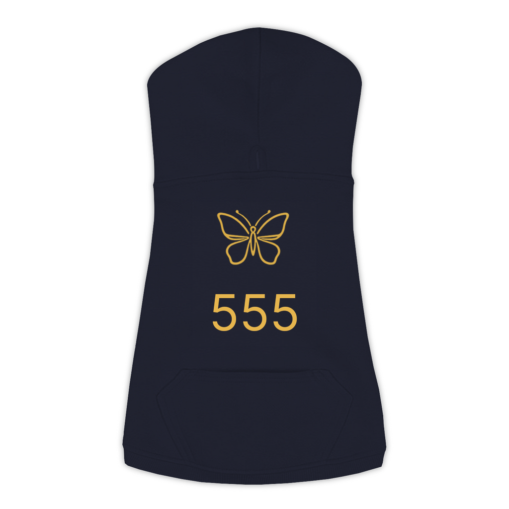 555 Angel Number dog hoodie in Navy — gold butterfly emblem and '555' print on Doggie Skins fleece pullover