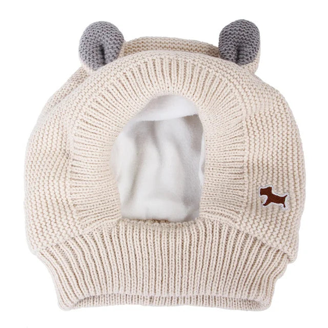 Ear Defending Dog Hat — knitted noise-reducing ear-cover hat for dogs, front view — SniffWaggleNWalk