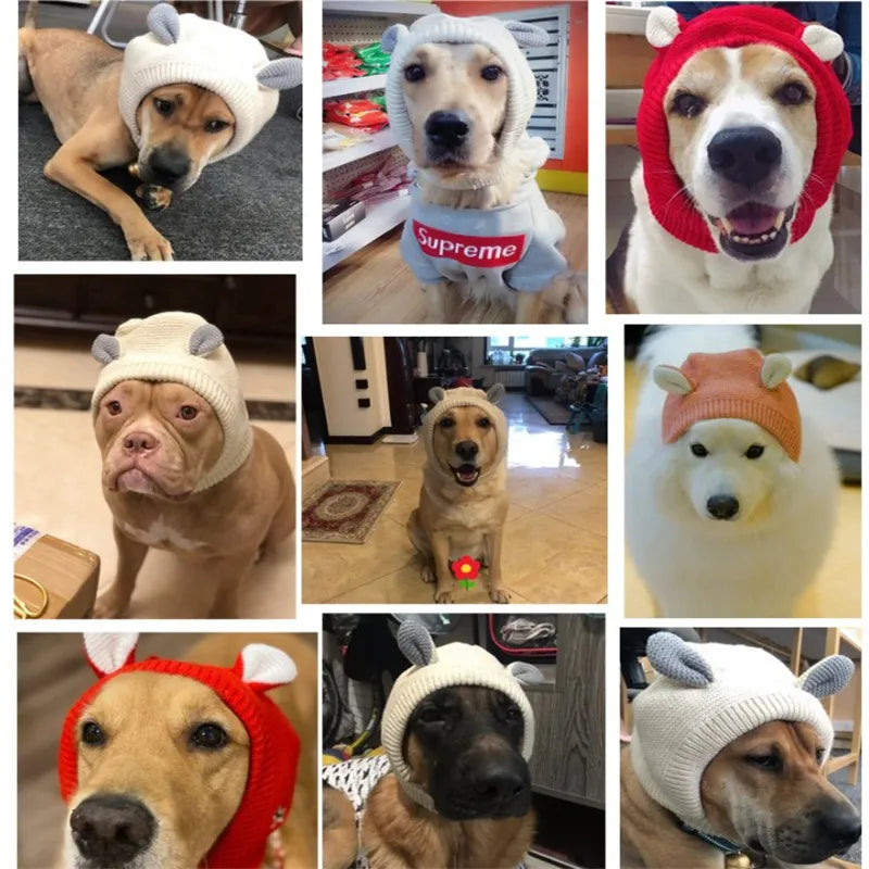 Ear Defending Dog Hat — knitted noise-reducing ear-cover hat for dogs, side view — SniffWaggleNWalk
