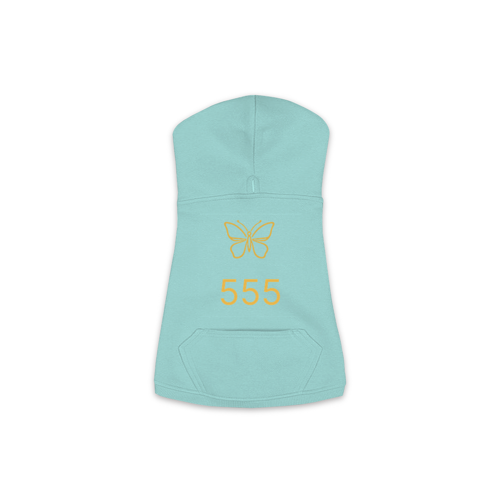 555 Angel Number dog hoodie in Saltwater — gold butterfly emblem and '555' print on Doggie Skins fleece pullover