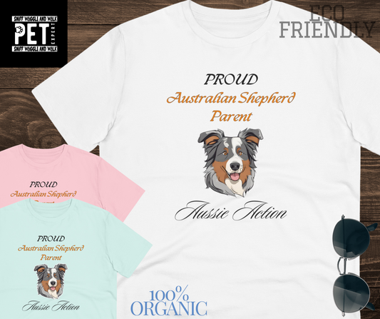 PROUD AUSTRALIAN SHEPHARD PARENT "Aussie Action" Soft Organic T-shirt - Unisex - Sniff Waggle And Walk