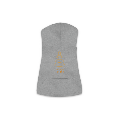 666 Angel Number dog hoodie in Granite Heather — gold zen-cairn emblem and '666' print on Doggie Skins fleece pullover
