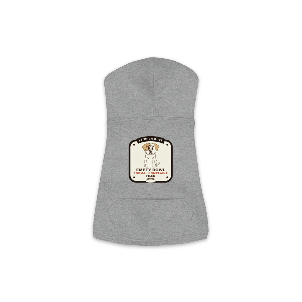 Empty Bowl dog hoodie in granite heather grey, sizes XS to M
