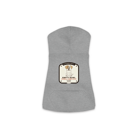 Empty Bowl dog hoodie in granite heather grey, sizes XS to M