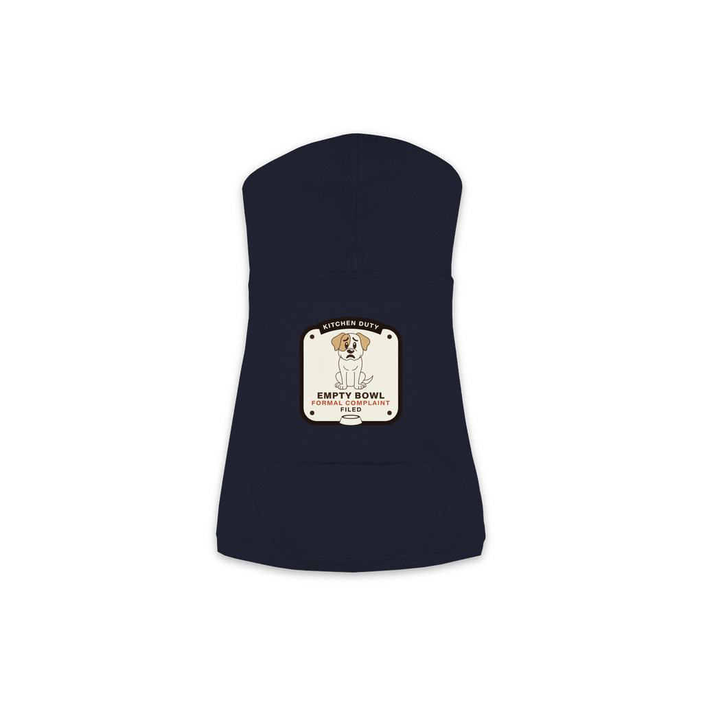 Empty Bowl dog hoodie in navy, sizes XS to M
