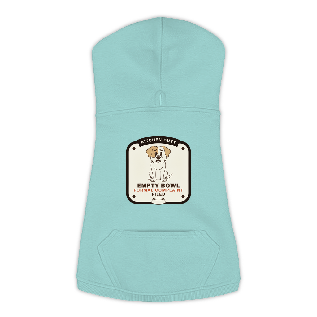 Empty Bowl dog hoodie in saltwater blue, sizes L to 3XL