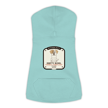 Empty Bowl dog hoodie in saltwater blue, sizes L to 3XL