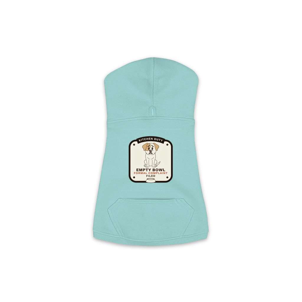 Empty Bowl dog hoodie in saltwater blue, sizes XS to M