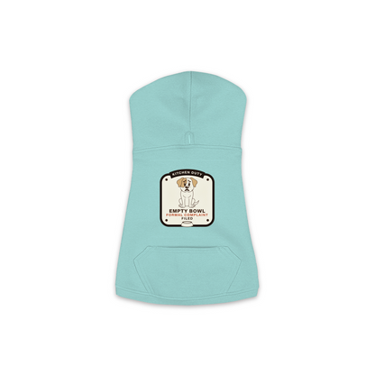 Empty Bowl dog hoodie in saltwater blue, sizes XS to M