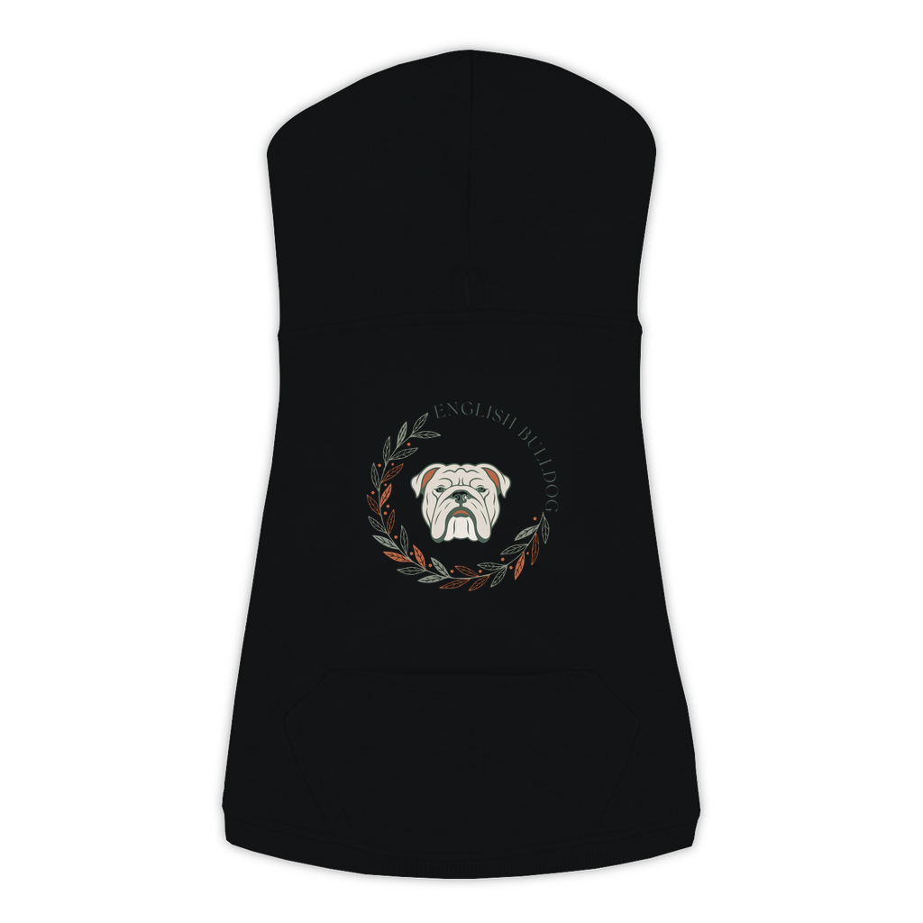English Bulldog dog hoodie in Black — boho-inspired print on cosy fleece pullover, size 2XL