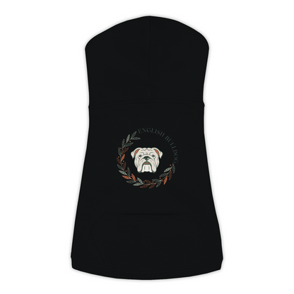 English Bulldog dog hoodie in Black — boho-inspired print on cosy fleece pullover, size 2XL