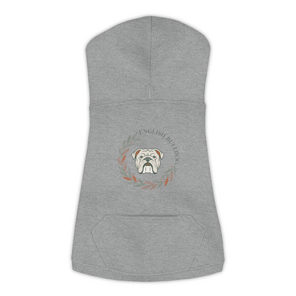 English Bulldog dog hoodie in Granite Heather — boho-inspired print on cosy fleece pullover, size 2XL