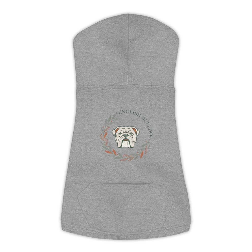 English Bulldog dog hoodie in Granite Heather — boho-inspired print on cosy fleece pullover, size XL
