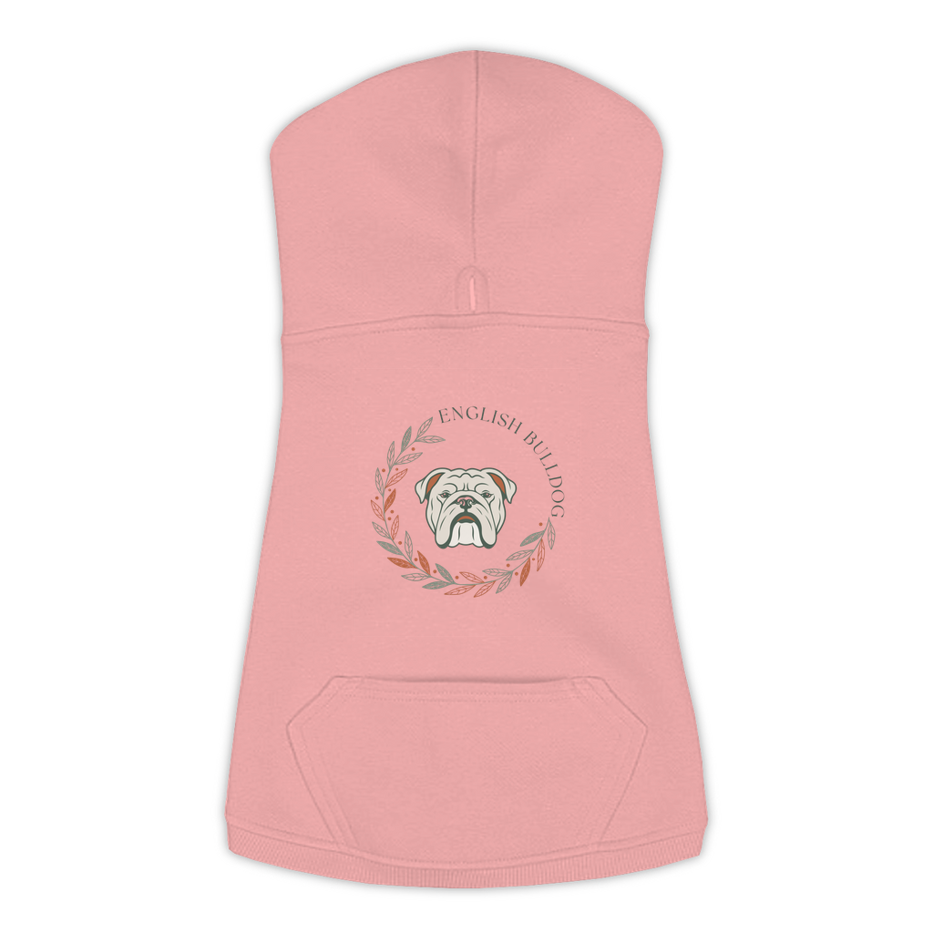 English Bulldog dog hoodie in Mauvelous — boho-inspired print on cosy fleece pullover, size L