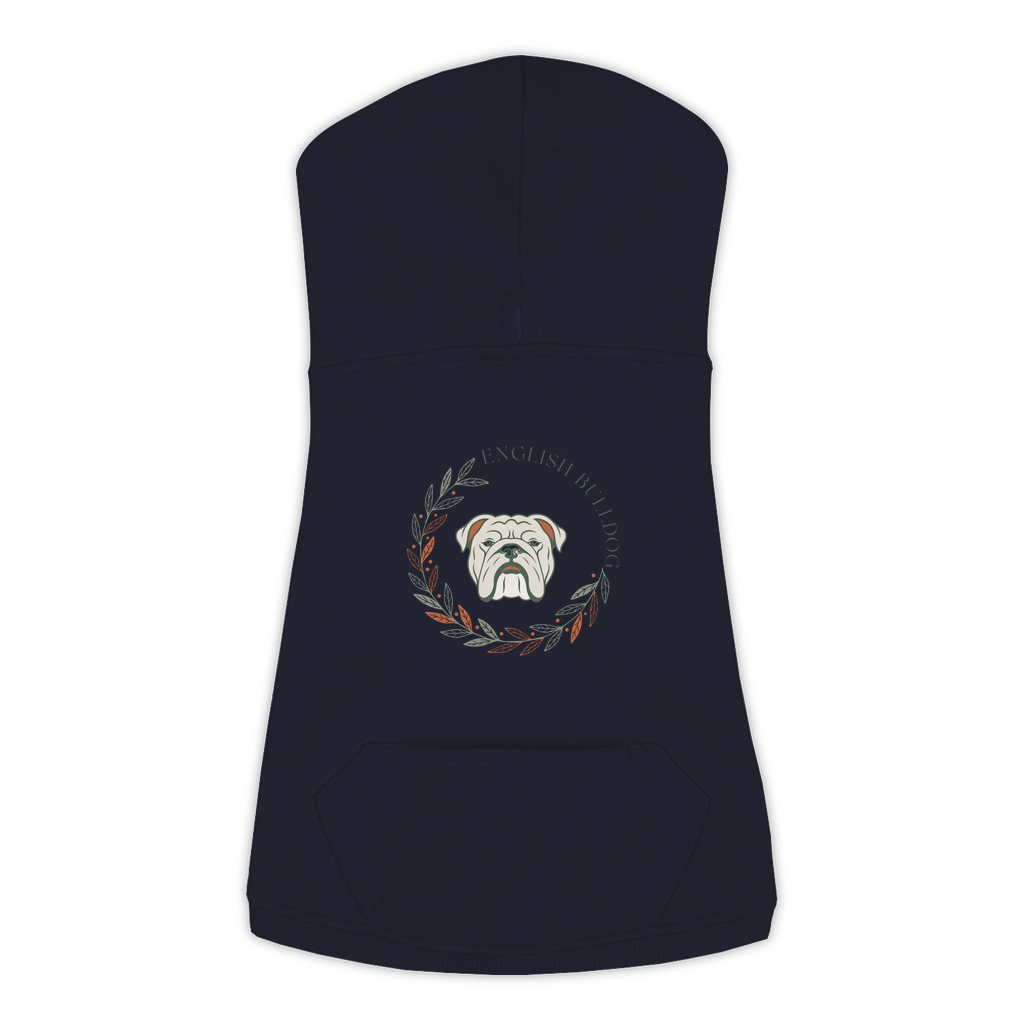 English Bulldog dog hoodie in Navy — boho-inspired print on cosy fleece pullover, size 2XL