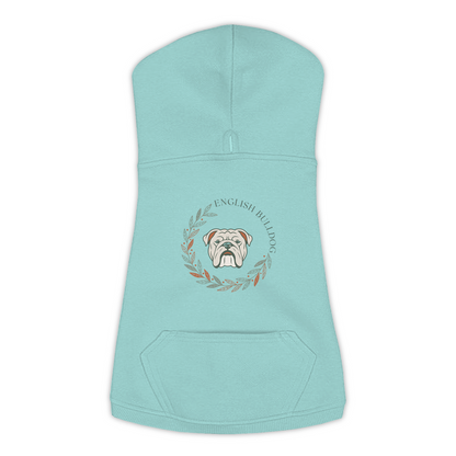 English Bulldog dog hoodie in Saltwater — boho-inspired print on cosy fleece pullover, size L