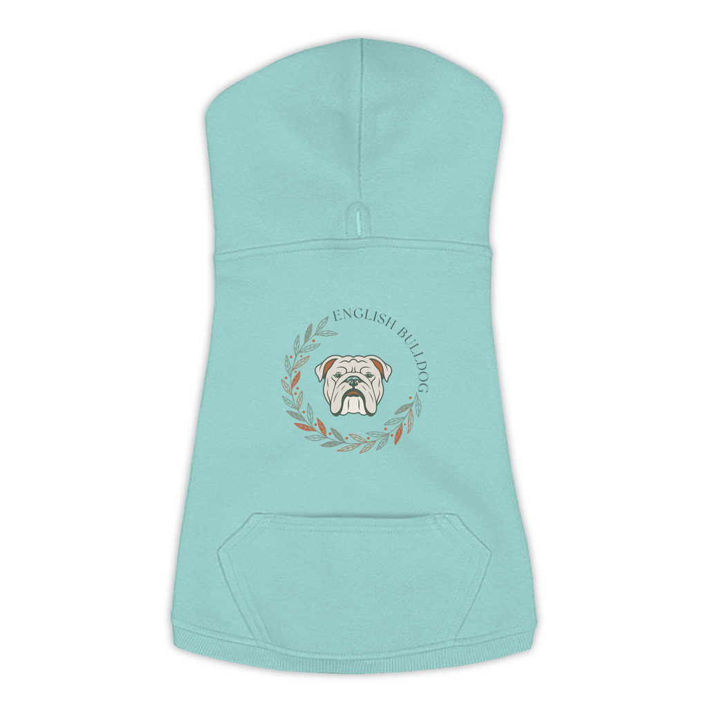 English Bulldog dog hoodie in Saltwater — boho-inspired print on cosy fleece pullover, size XL