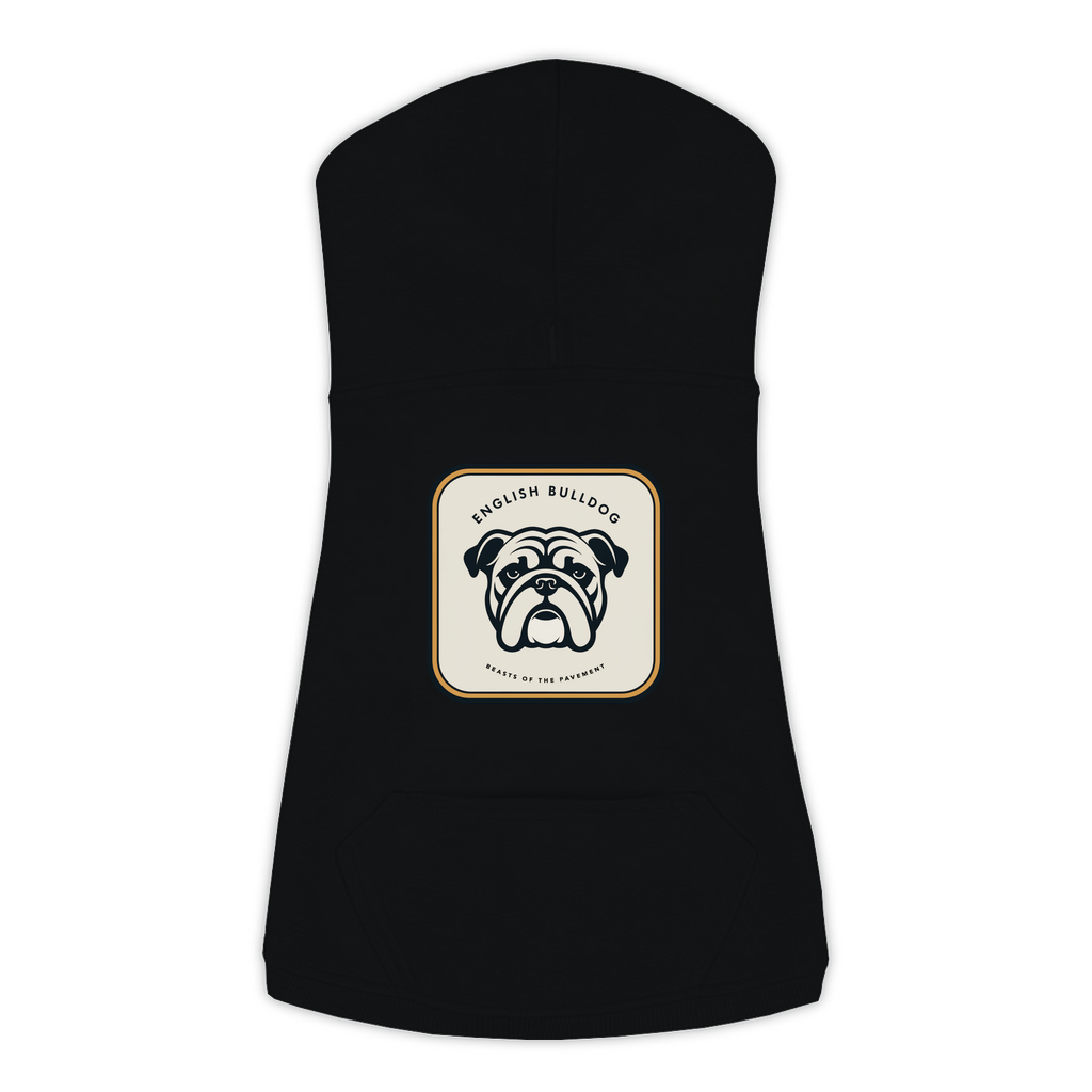 English Bulldog dog hoodie in Black — gold crest emblem print on cosy fleece pullover
