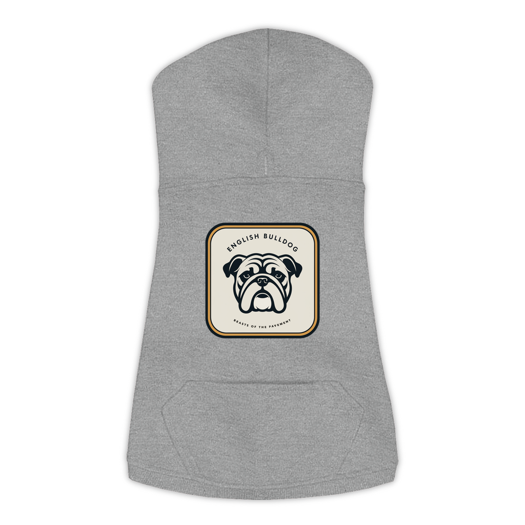 English Bulldog dog hoodie in Granite Heather — gold crest emblem print on cosy fleece pullover