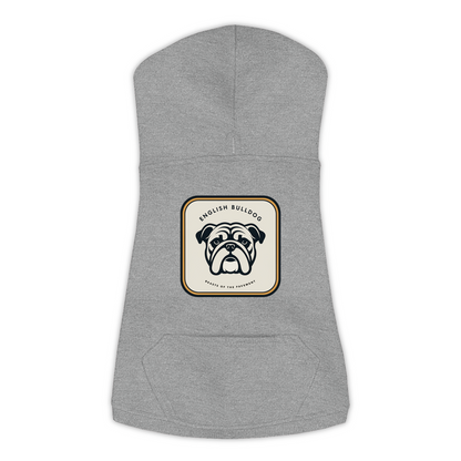 English Bulldog dog hoodie in Granite Heather — gold crest emblem print on cosy fleece pullover