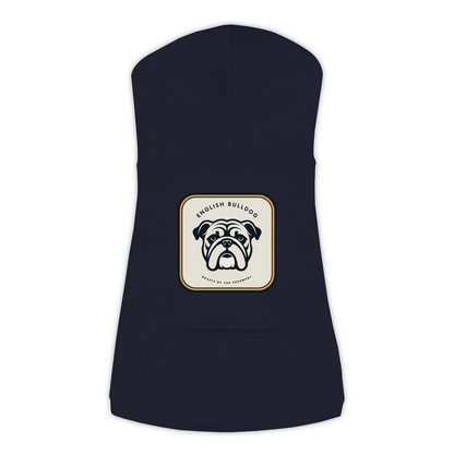 English Bulldog dog hoodie in Navy — gold crest emblem print on cosy fleece pullover