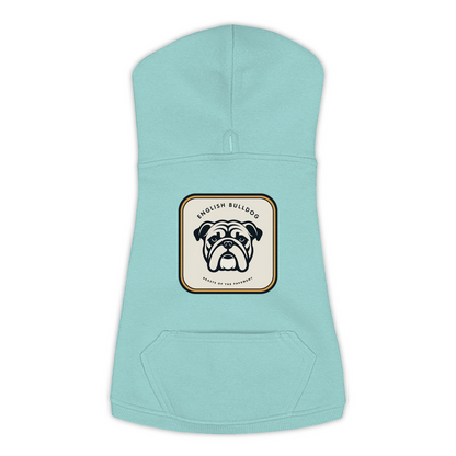 English Bulldog dog hoodie in Saltwater — gold crest emblem print on cosy fleece pullover