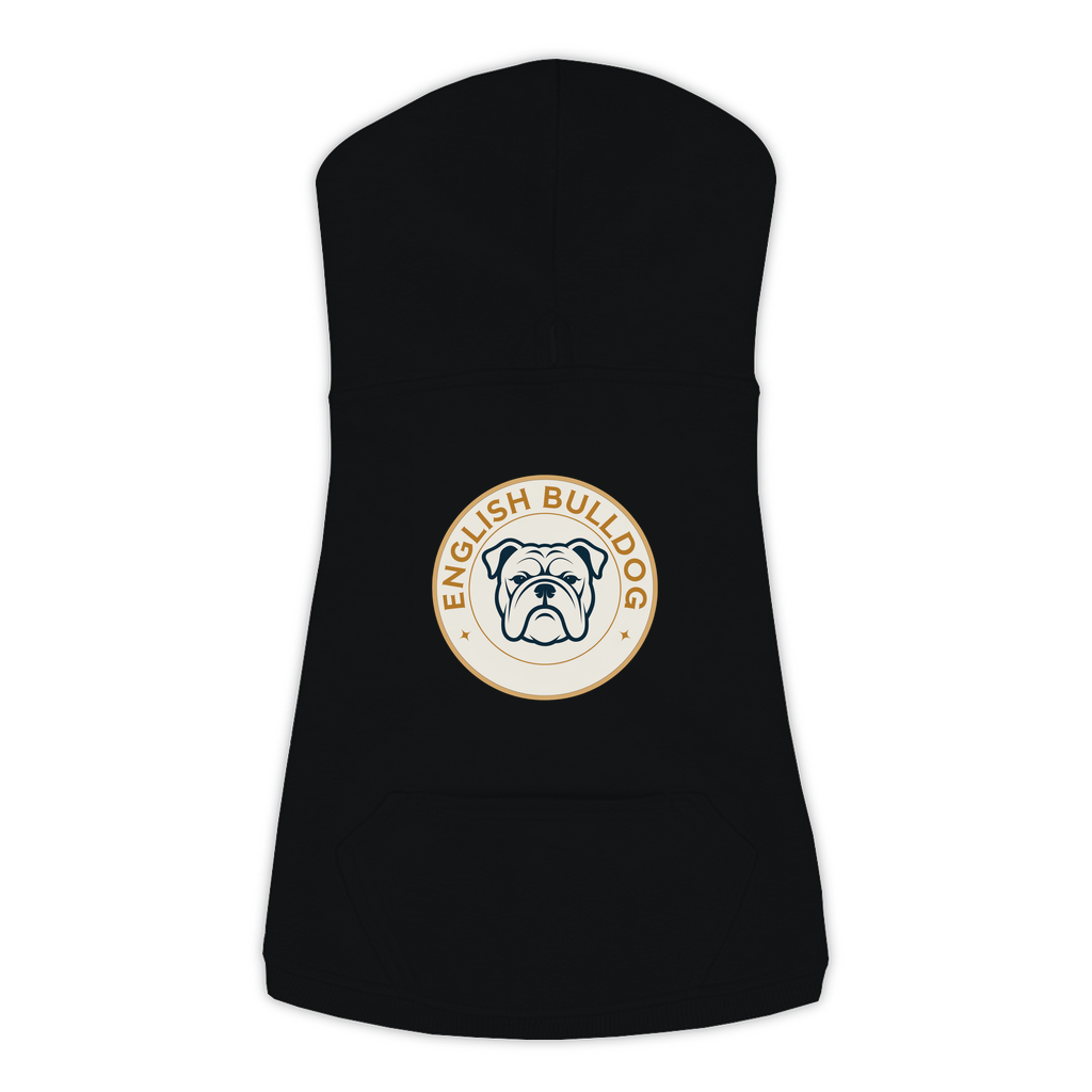 English Bulldog dog hoodie in Black — vintage roundel badge print on cosy fleece pullover