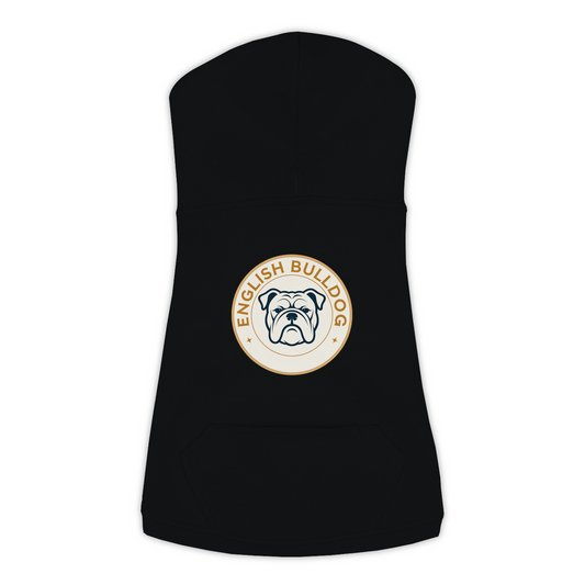 English Bulldog dog hoodie in Black — vintage roundel badge print on cosy fleece pullover
