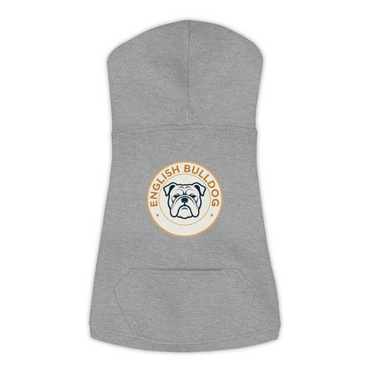 English Bulldog dog hoodie in Granite Heather — vintage roundel badge print on cosy fleece pullover
