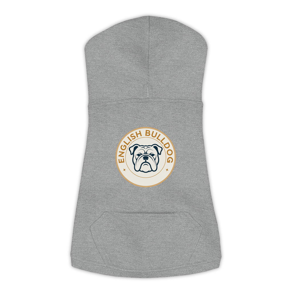 English Bulldog dog hoodie in Granite Heather — vintage roundel badge print on cosy fleece pullover