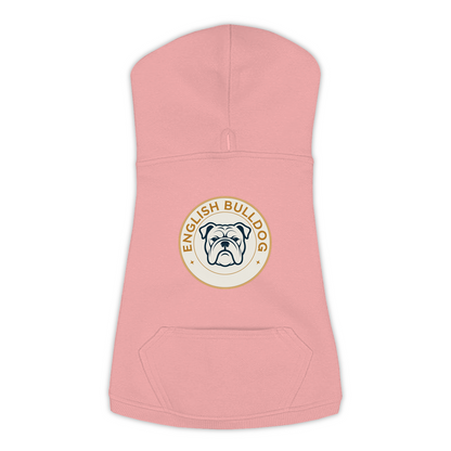 English Bulldog dog hoodie in Mauvelous — vintage roundel badge print on cosy fleece pullover