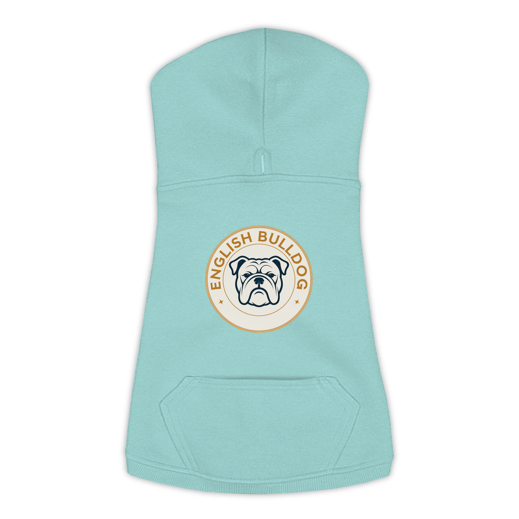English Bulldog dog hoodie in Saltwater — vintage roundel badge print on cosy fleece pullover