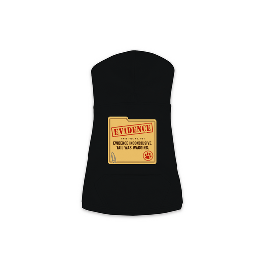 Evidence Inconclusive dog hoodie in black, sizes XS to M