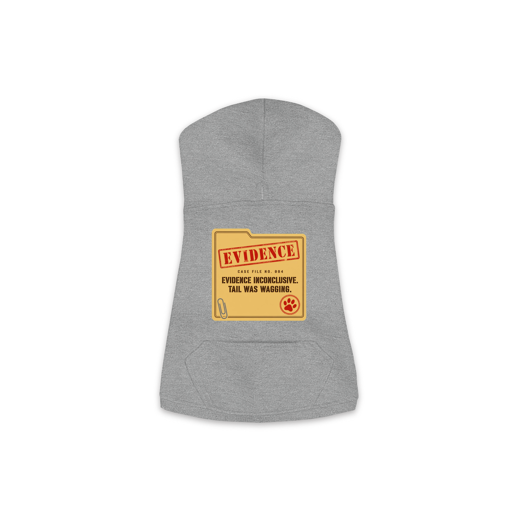 Evidence Inconclusive dog hoodie in granite heather grey, sizes XS to M