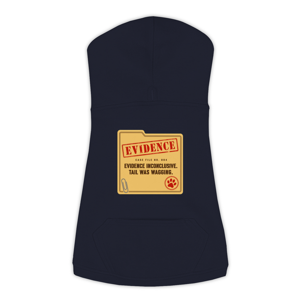 Evidence Inconclusive dog hoodie in navy, sizes L to 3XL