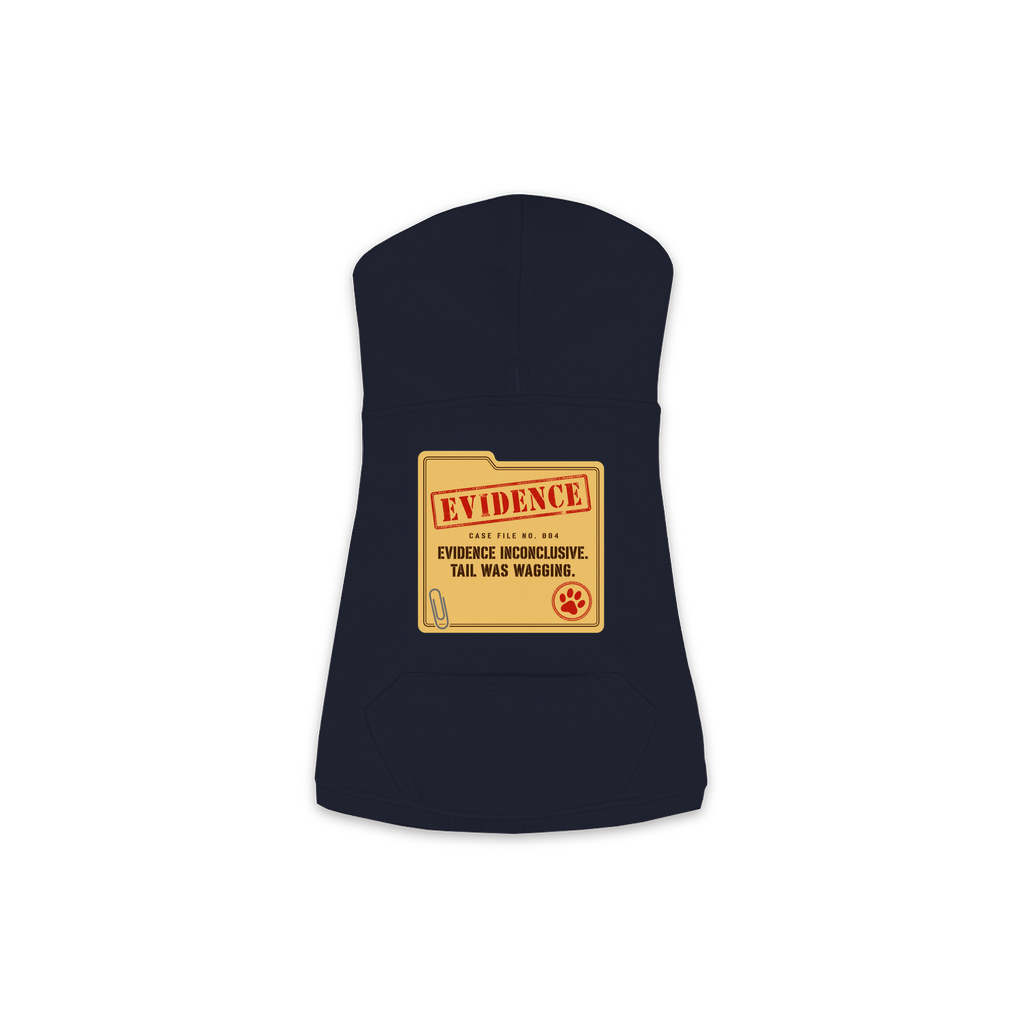 Evidence Inconclusive dog hoodie in navy, sizes XS to M