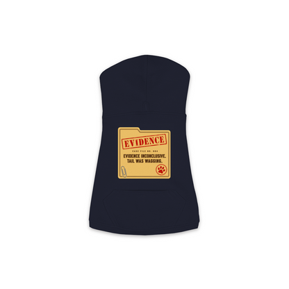 Evidence Inconclusive dog hoodie in navy, sizes XS to M