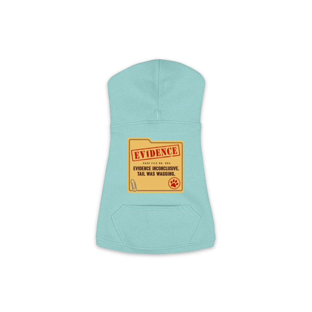 Evidence Inconclusive dog hoodie in saltwater blue, sizes XS to M